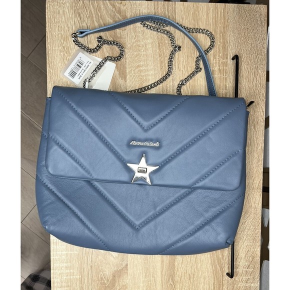 MARINA GALANTI Made In Italy Leather Quilted Chain Strap Crossbody blue - Picture 3 of 5